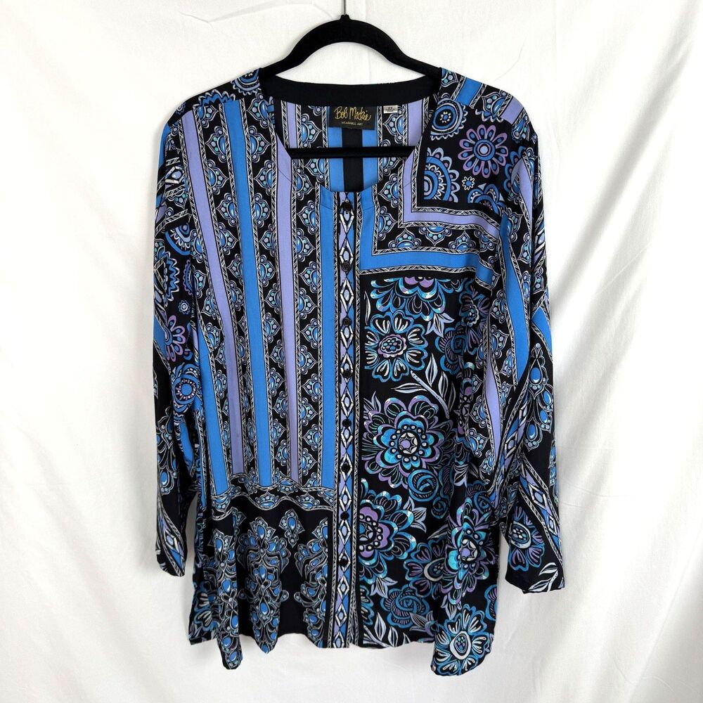 Bob Mackie Women's Blouse Top Size 2X Blue Print Button Front Long Sleeves